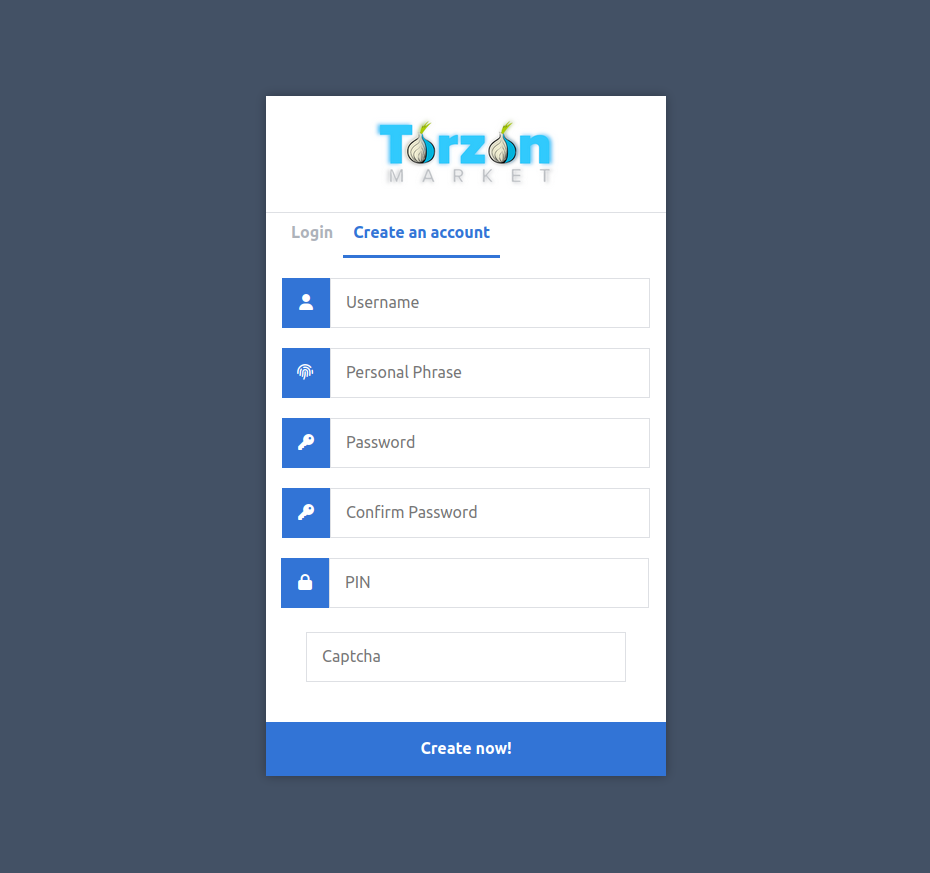 Torzon account registration form with password strength indicator and captcha verification